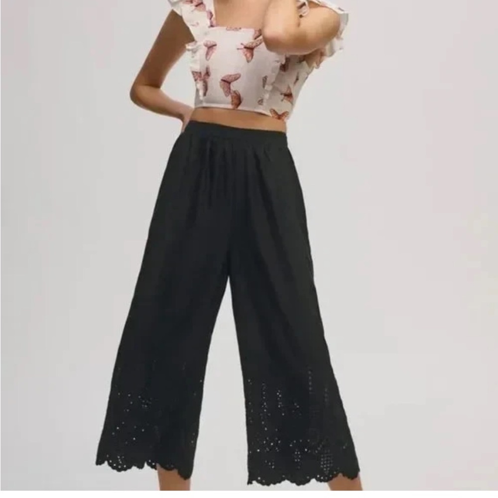 Anthropologie Black Eyelet Wide-Leg Pants